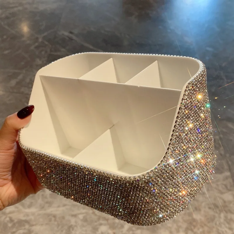 Diamond-encrusted multi-compartment storage box, high appearance level, desktop cosmetics organizing box, large capacity