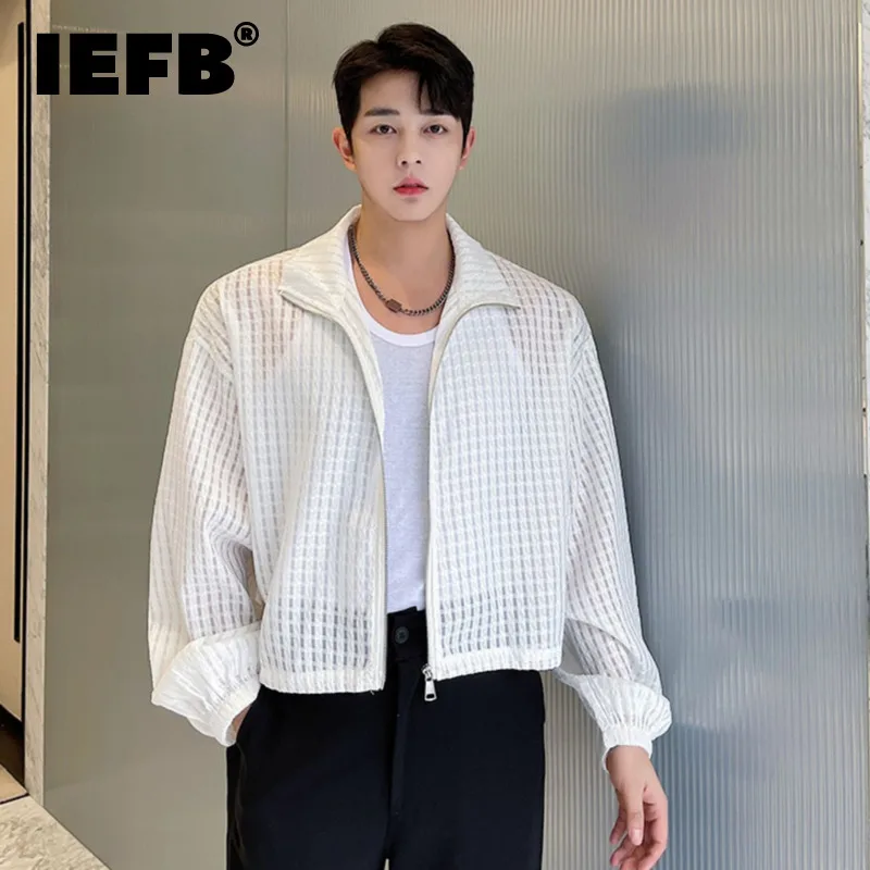 

IEFB Men Hollow Out Jackets Personality Zipper Thin Outerwear Casual Short Coat Korean Style Fashion 2023 New Elgance Top 9A2108