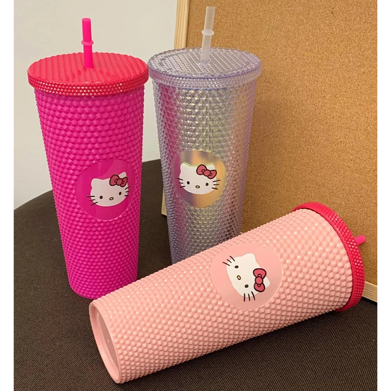 710Ml Hello Kitty Water Bottle Creative Durian Pattern Reusable Premium Straw Cup Large Capacity Plastic Travel Cup with 1 Straw