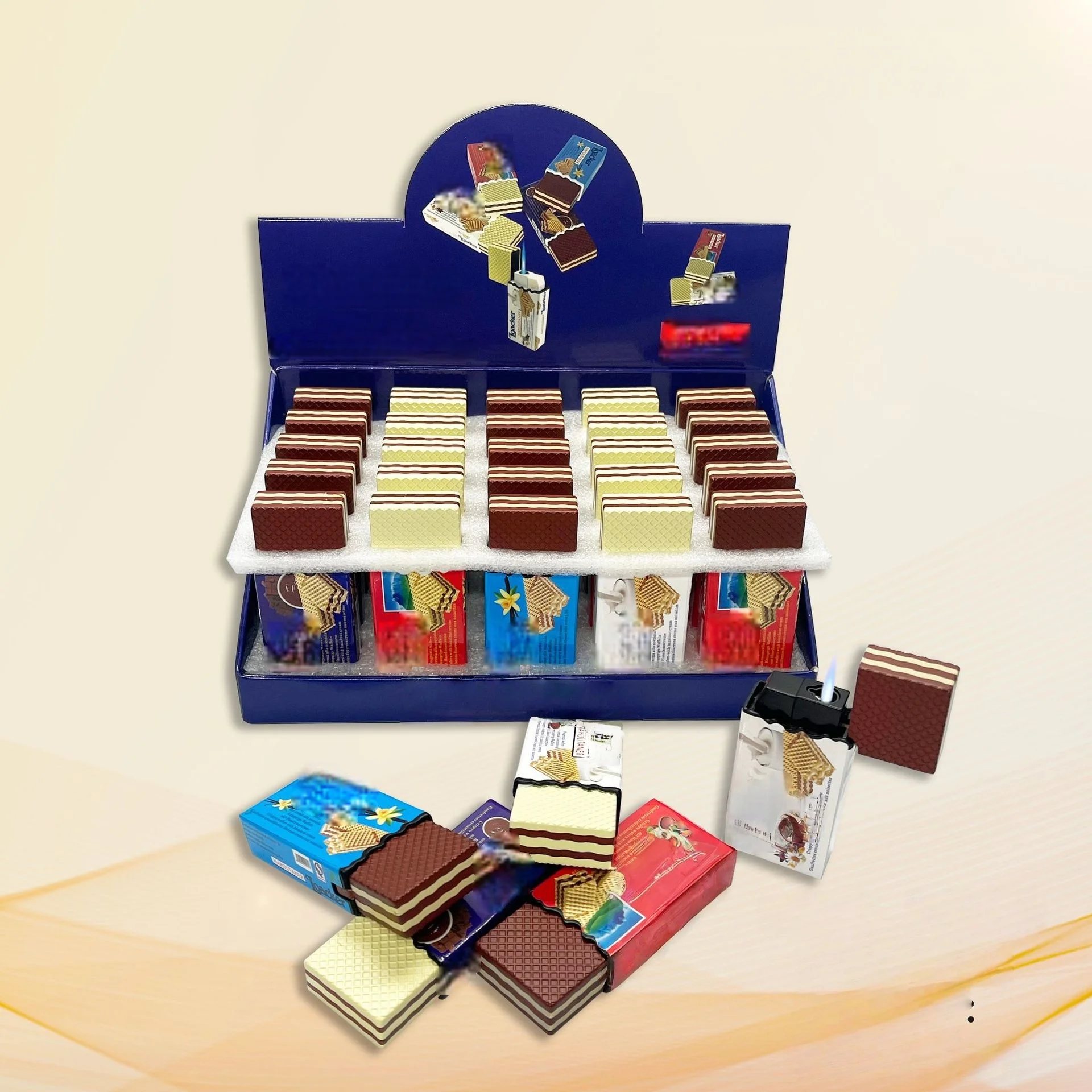 Wafer Biscuit Shaped Igniter, Simulated Snack Packaging Shell, Flip Cover Structure, Blue Jet Flame, Refillable Butane Gadget,