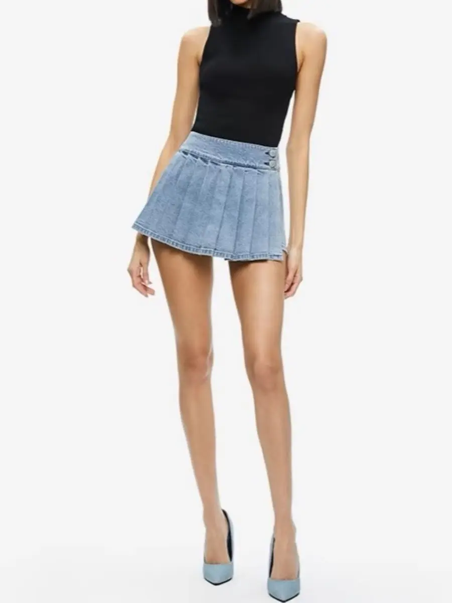 

Women Pleated Denim Shorts Skirts Solid Color High Waist A-Line Casual Slim Short Pants