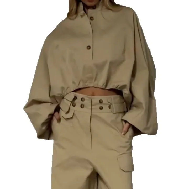 High Street 2pcs Set Spring Ins Workwear Style Lantern Sleeve Drawstring Loose Top Paired with Workwear Wide Leg Pants Set