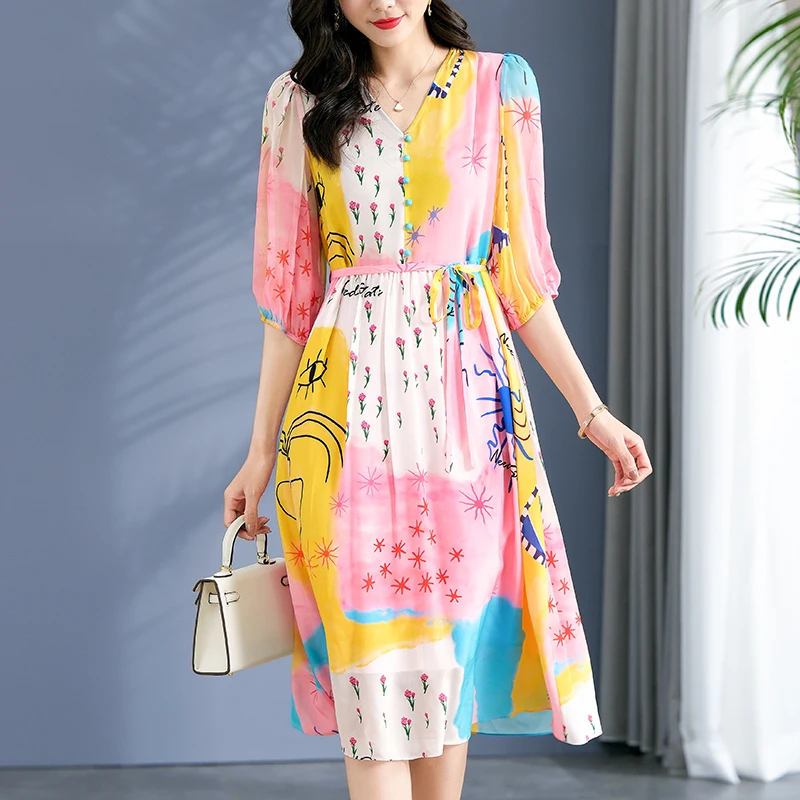 

Summer Women's Long Midi Dress V-neck Three Quarter Sleeve Elegant Fashion Dresses For Women A-line 100% Real Silk Casual Dress