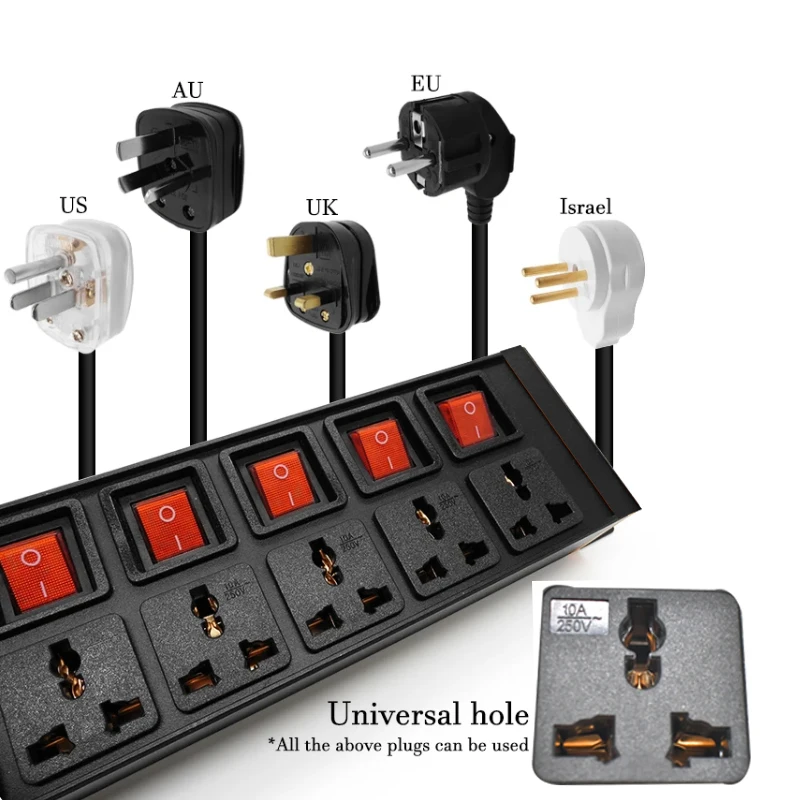 Imagem -03 - Power Strip Rede Armário Liga de Alumínio Independente Double Break Switch Soquete 10ac 10a Universal 2m Cabo de Extensão