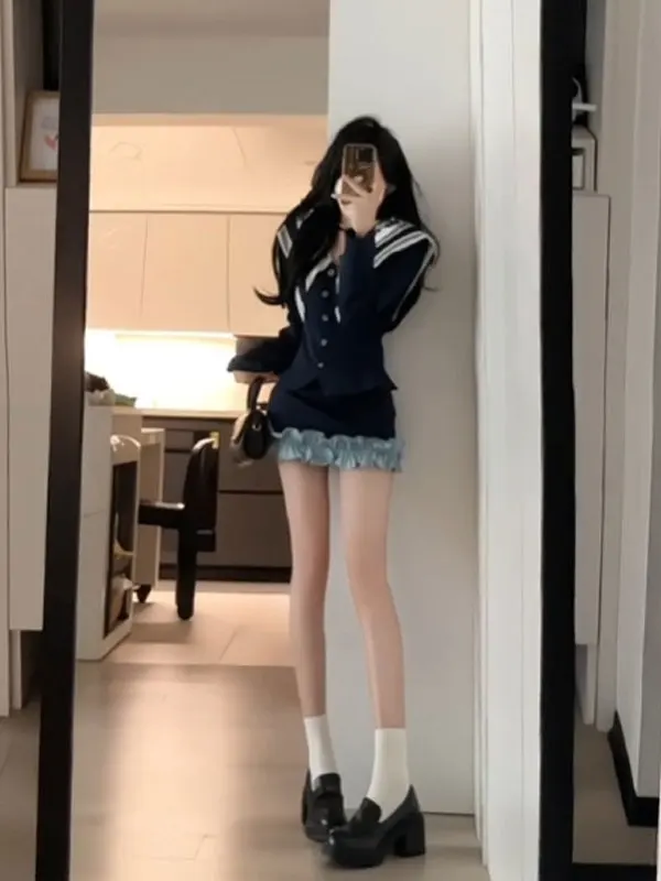 

Korean Style College Fashion Set Wrap Body Half Skirt Elegant Whole Set Ootd Matching Spring 2025 Women's Comfortable Long Sl...