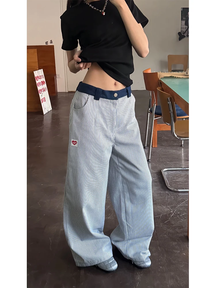 

Повседневные брюки в синюю полоску, свободные прямые брюки с широкими штанинами, летние винтажные мужские и женские длинные брюки Cleanfit