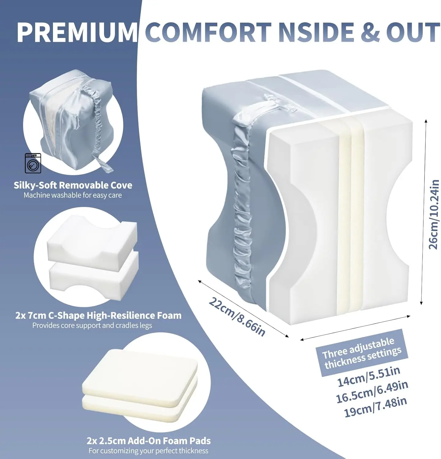 Side Sleeper Knee Pillow with Satin Cover, Adjustable Design Relieves Hip Back Pain & Supports Spine Alignment