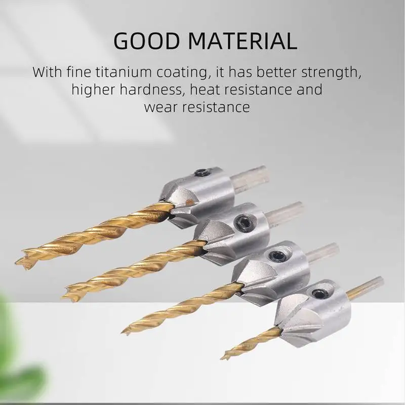 4 PCS Titanium Coated Countersink Drill Bit Set Woodworking Carpentry Reamer Tool Set With Hex Key Wrench