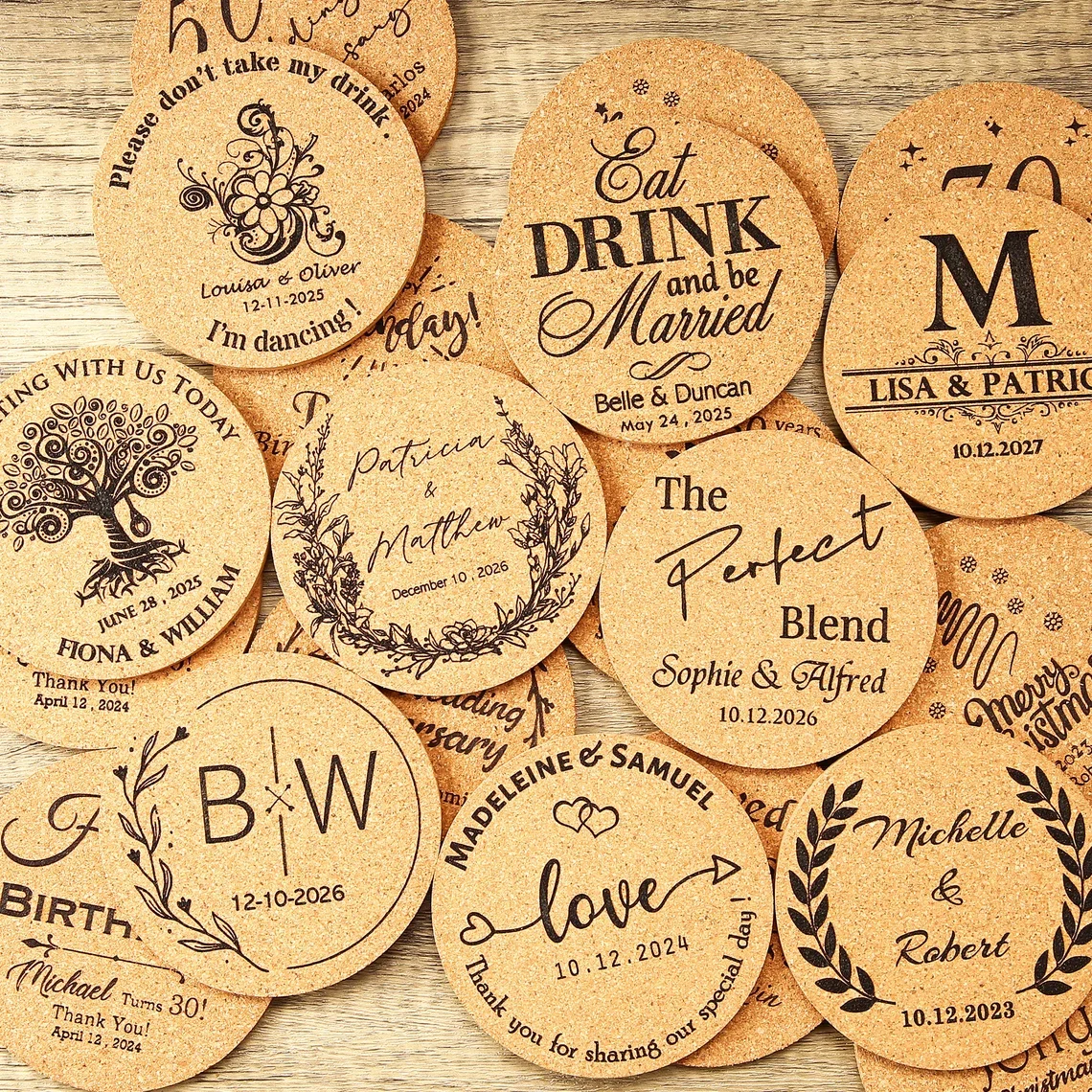 Bulk Personalized Engraved Cork Coasters Scene Souvenir Wedding Bridal Shower Guest Favors Custom Promotional Gift Supplies