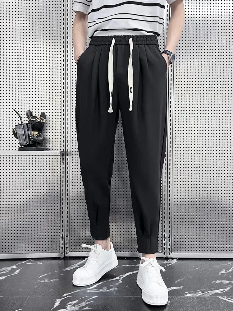 

Новые летние мужские повседневные брюки Slim Fit с молнией и разрезами по низу, струящиеся, весенне-осенние, укороченные (до щиколотки), молодежные, для активного отдыха