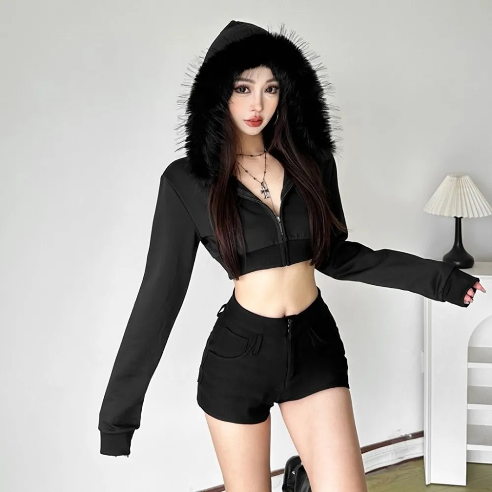 

SylCue Furry Patchwork Hooded Jacket Woman Autumn New Style Zip Cardigan Full Sleeve Navel Exposed Street Fashion Classic Coats