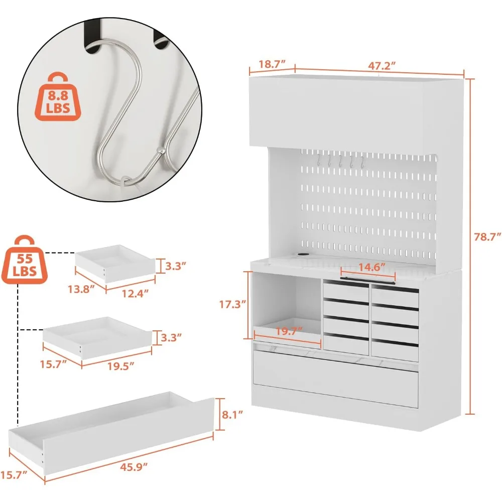 Grande armoire de rangement de garde-manger de cuisine avec panneau perforé et clapier, armoire de planche de cuisine, planche de Chi, crochets, espace micro-ondes