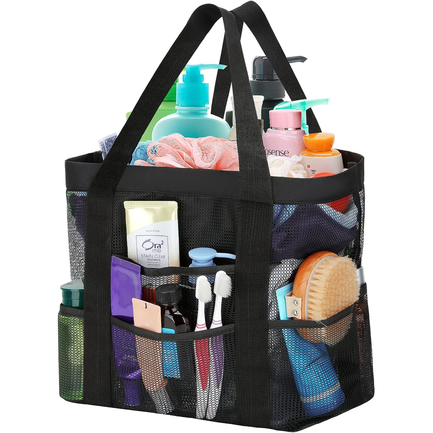 Nagy Méretű Hálós Fürdőszobai Zuhanyzó Táska, Hálós Strand Medence Táska, Hordozható Fürdőtermék Táska Egyetem Kollégiumi Szoba Fürdőszoba Edzőterem Úszás (Fekete)