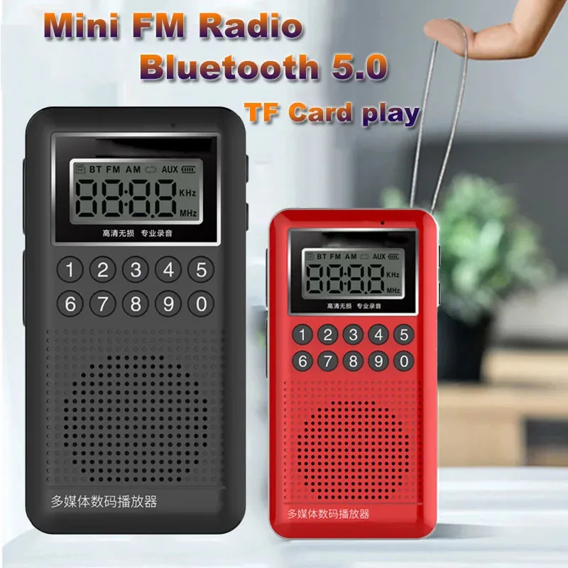 Mini Radio FM de bolsillo, receptor de Radios digitales portátiles, Altavoz Bluetooth, grabadora externa e interna, tarjeta TF, reproducción auxiliar recargable