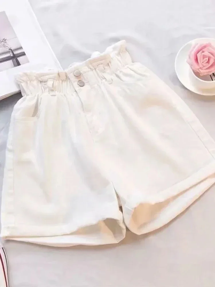 New White Classic Elastic High Waist Women Denim Shorts Summer Fashionable Simple Chicly Double Buttons S-5XL Female Short Jeans