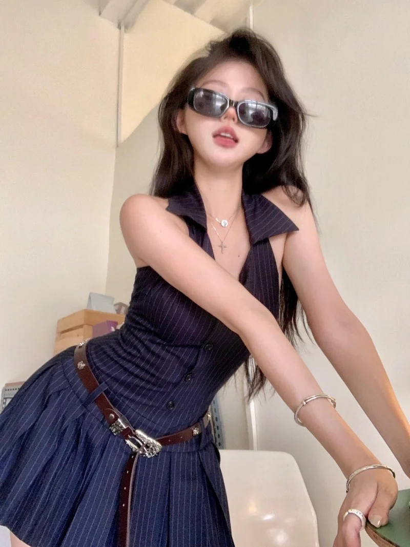 فستان مخطط برقبة على شكل حرف V على الطراز الفرنسي، مزاج حزام الخصر للأطفال، بدون أكمام على شكل حرف A Pl #5