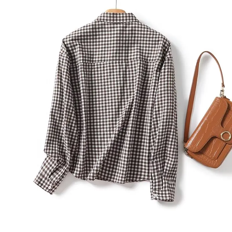 Maxdutti Japanese Minimalist Checkered Long Sleeved Shirt Women Autumn New Fashion Casual Commuting Blouse