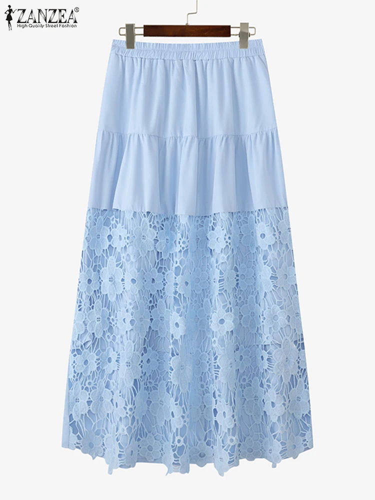 

ZANZEA Юбки больших размеров, осень 2021, женские кружевные лоскутные макси-юбки, повседневные длинные юбки с высокой талией, элегантные длинные юбки с рюшами