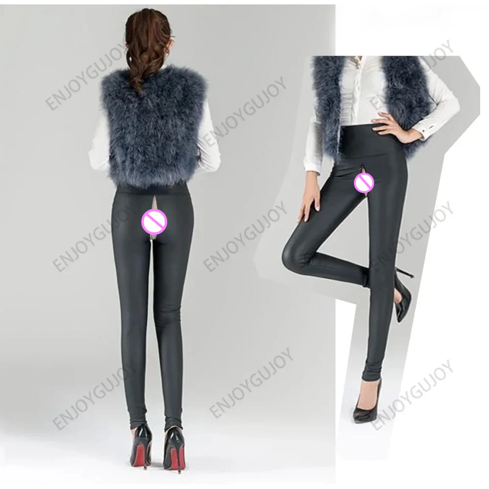 Pantaloni in pelle PU per sesso all'aperto con apertura sul cavallo invisibile Leggings da donna a vita alta Slim Fit Leggings tutti stretti Pantaloni lunghi Streetwear