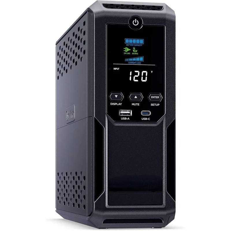 Intelligent LCD UPS System, 1500VA/900W, 12 Outlets, 2 USB Ports, AVR, Mini Tower, Black