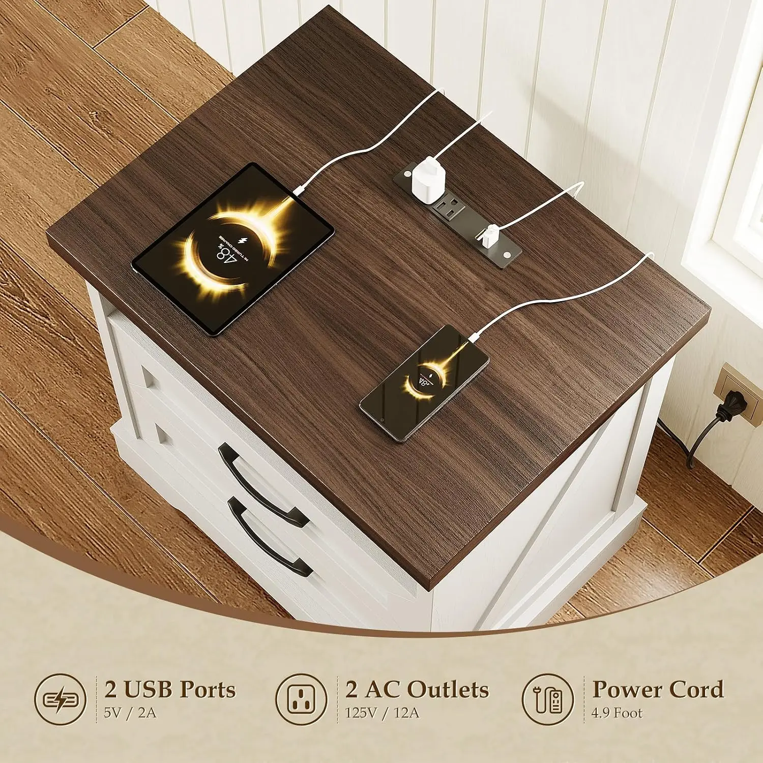 24 Inch Farmhouse Nightstand with Charging Station, Wood Bedside Table with 2 Drawers and Open Shelf, Customized