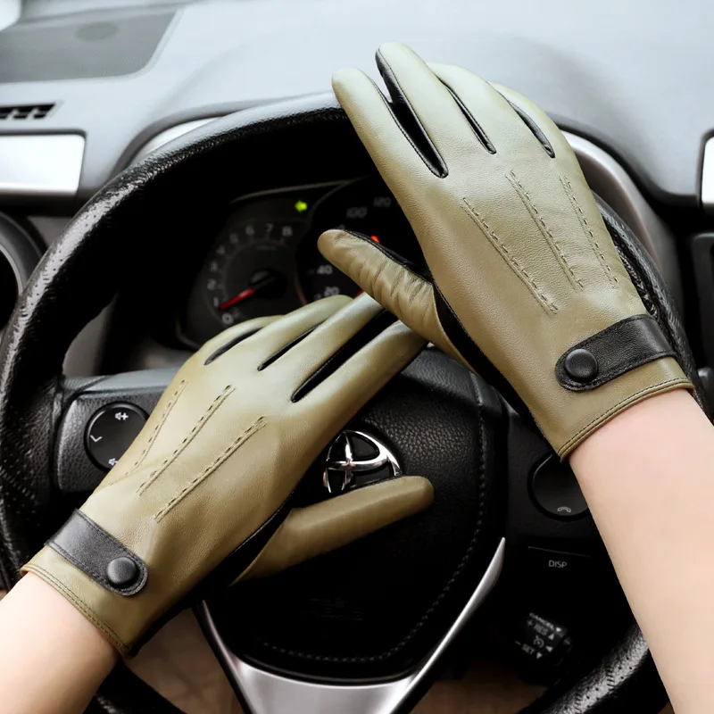 

Real Leather Gloves Male Autumn Winter Thermal Green+ Black Two Tones Driving Men Sheepskin Gloves Touchscreen YSM0057