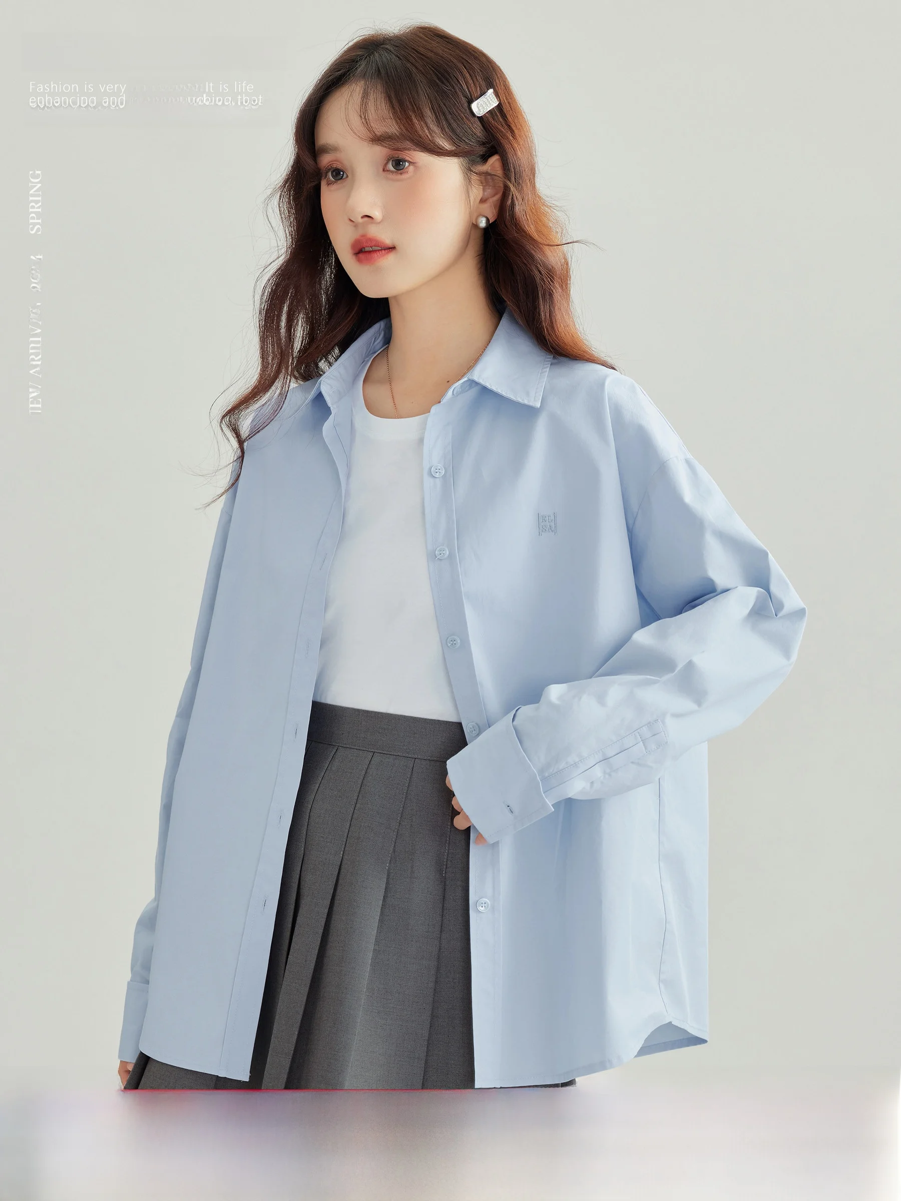 

Baby Blue Long Sleeve Loose Women's Shirt Jacket Spring Design Casual Top Sweet Style Straight Cut Button Detail Embroidery