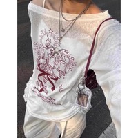 Korean Fashion Graphic Tees Slightly Transparent T Shirt Women Clothing Long Sleeve Loose T-shirt Streetwear Spring Tops