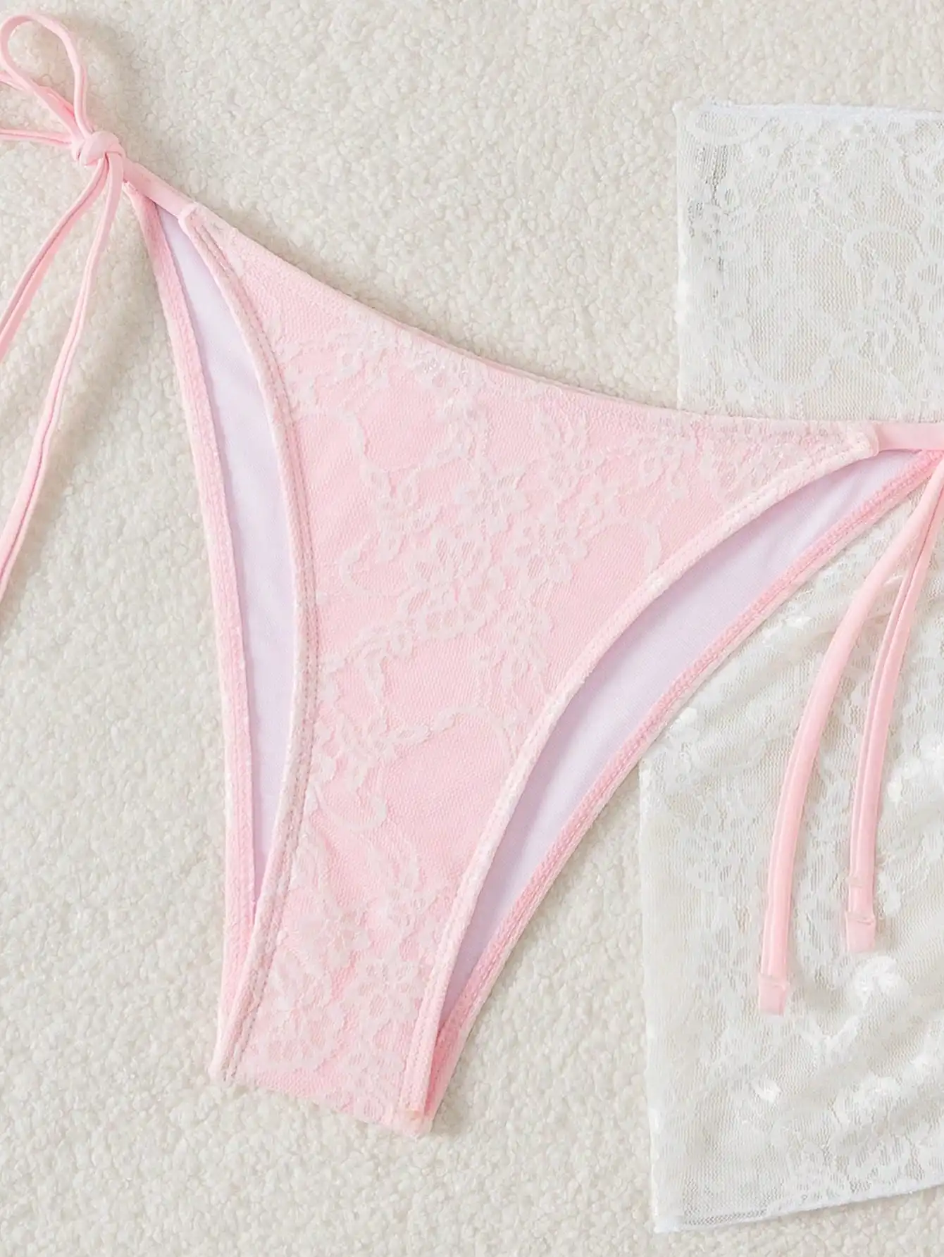 

3pcs Women's Floral Lace Halter Tie Bikini Set With Cover-Up Skirt