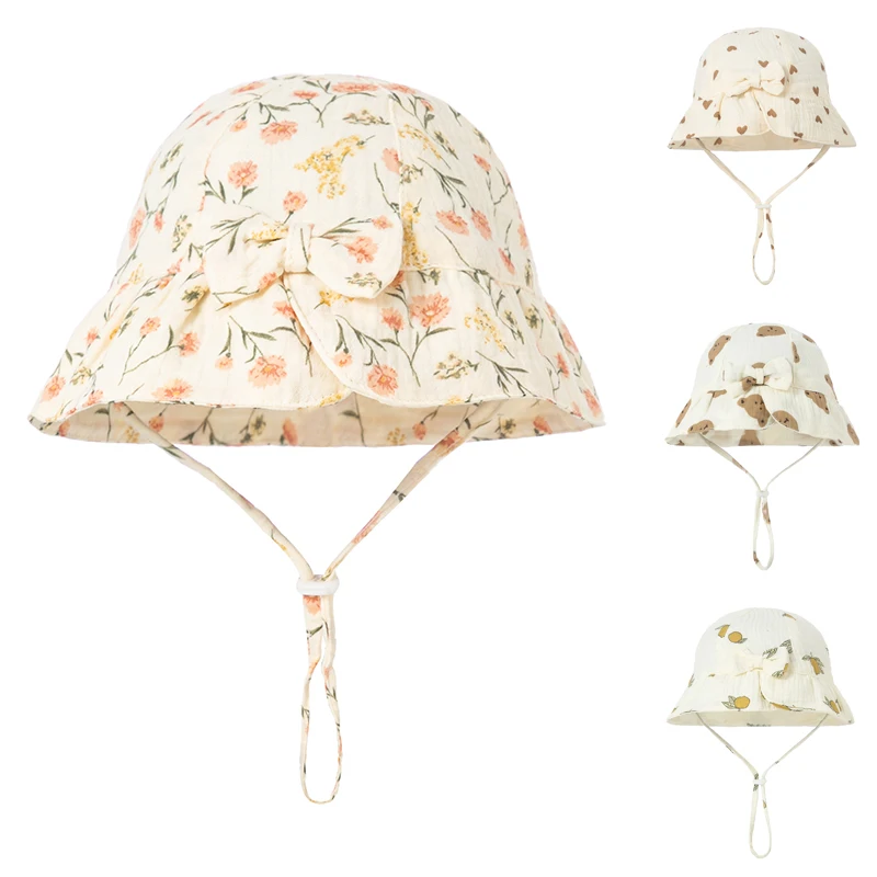 Spring Summer Outdoor Baby Girls Hat Prints Bowknot Fisherman Hat Cotton Baby Bucket Hat Panama for Kids Toddler Sunscreen Cap