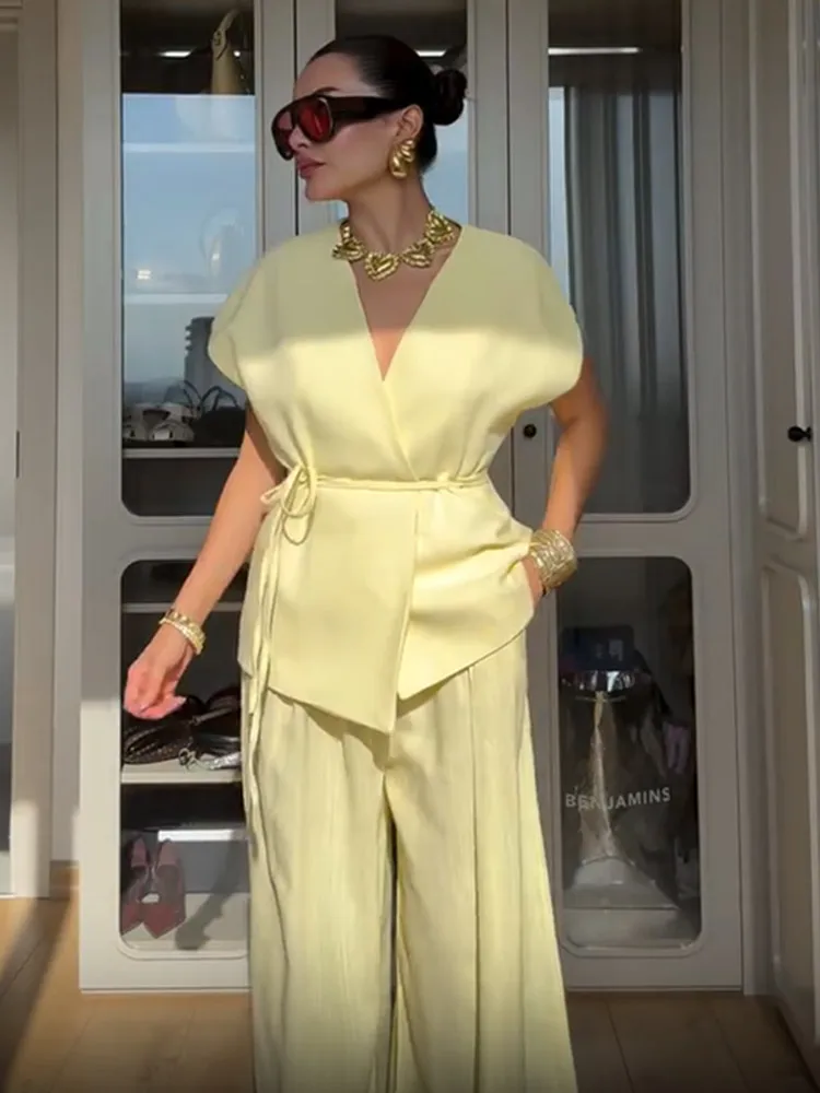 

Casual Sleeveless V-neck Lace Up Vest Pant Set Women's High Waist Straight Wide Leg Long Pants Suit 2025 Summer Commute Outfits