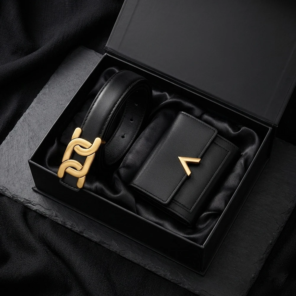 

2PCS New Fashion Women's Wallet Belt Set High Quality Women's Jeans Automatic Buckle Belt Simple Women's Birthday Party Gifts