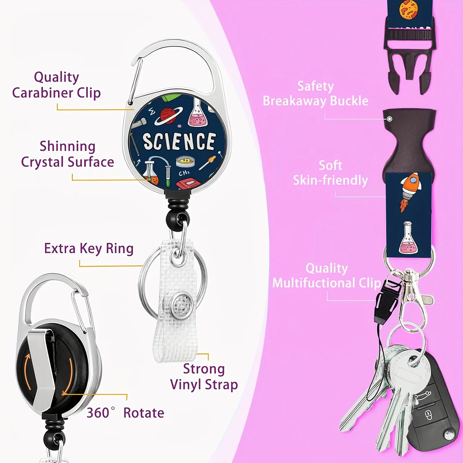 Science Badge Holder, Retractable Reel Clip, Durable with Carabiner, Card Name Tag, Vertical ID Card Protector for Nurses - view 3