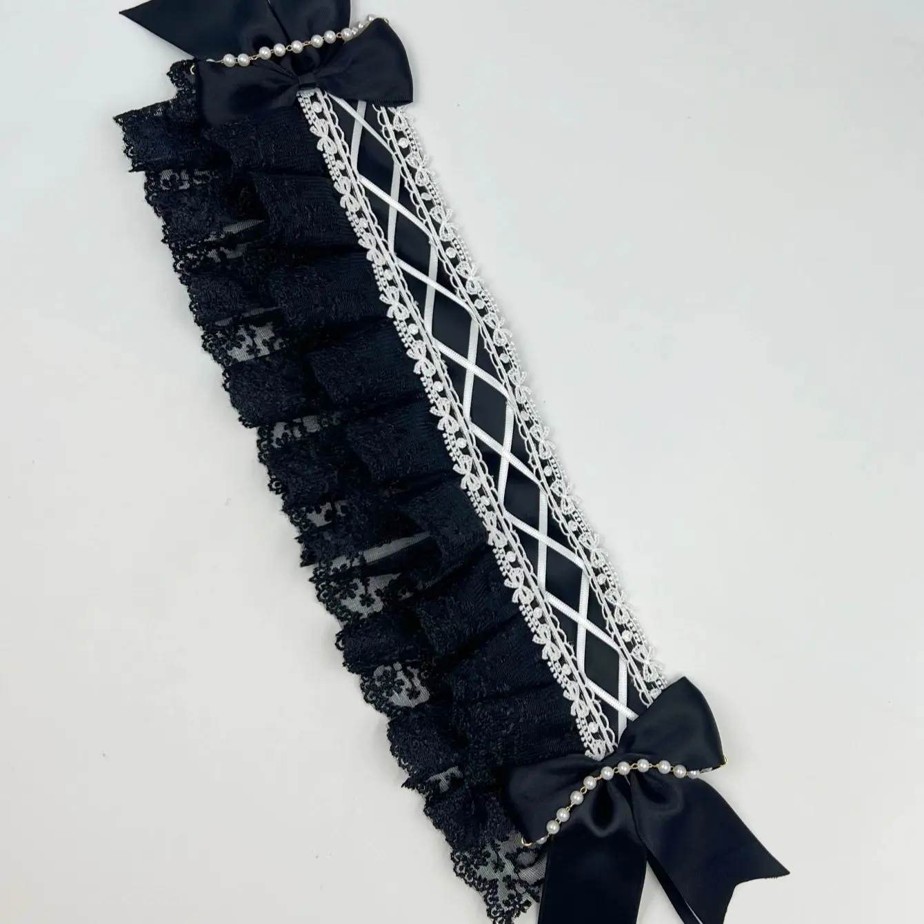 Frauen Bandana Lolita gekräuselte Spitze Stirnband kreuz und quer Band Bogen Perlen Kette Dienst mädchen Haarband Cosplay Kostüm Haarschmuck