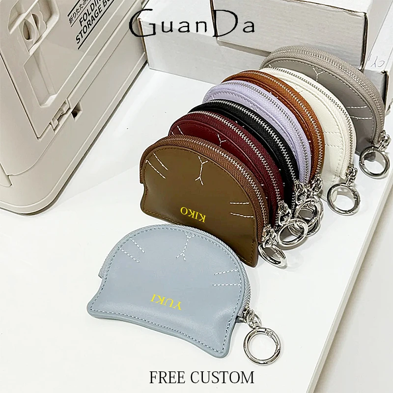 

Cute Cat Mini Coin Purse With Key Chain Custom Name Luxury Fashion Girls Earphone Pouch Genuine Leather Woman Bag Pendant Charm