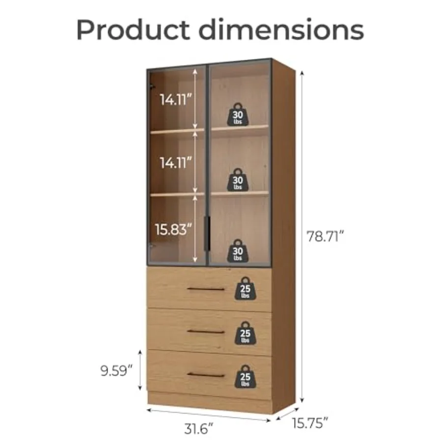 78.7" H Tall Bookcase Display Cabinet with LED Light, Natural view 2