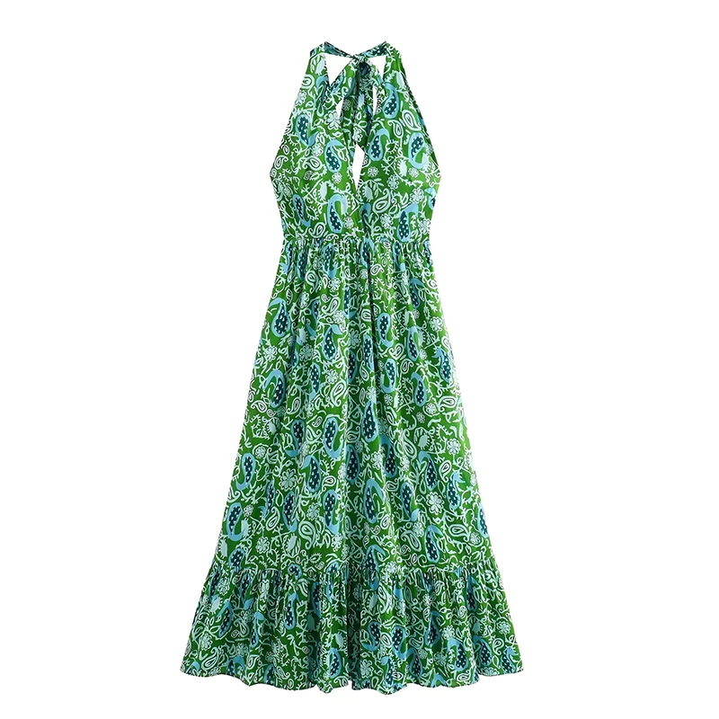 Halter Lace-Up Green Printed Short Dress A-Line Summer Women Prairie Chic Lady Fashion Streetwear Elegant Strap Sleeveless Dress