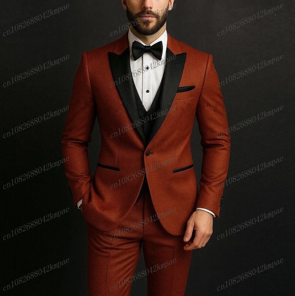 

Темно-оранжевый и черный деловой мужской костюм для жениха, жениха, свадебной вечеринки, выпускного вечера, деловые мужские смокинги, комплект из 3 предметов, пиджак, жилет, брюки