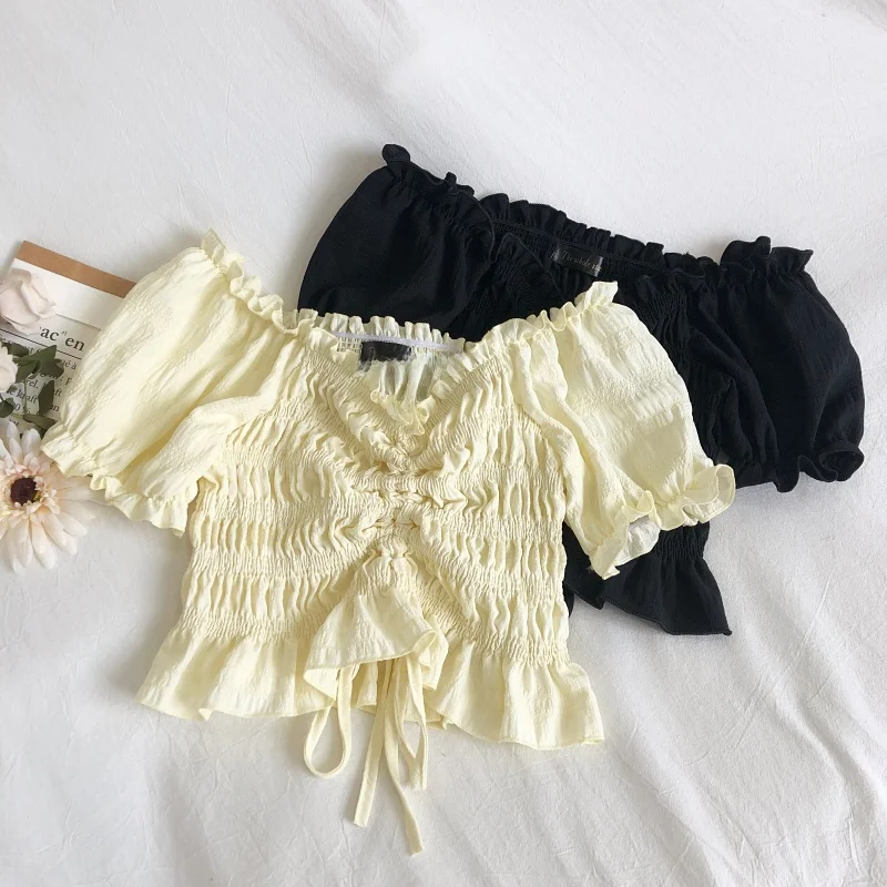 

Милый летний топ 2020 года с коротким рукавом, плиссированный, с завязками, женский, с высокой талией, в корейском стиле, для повседневной носки