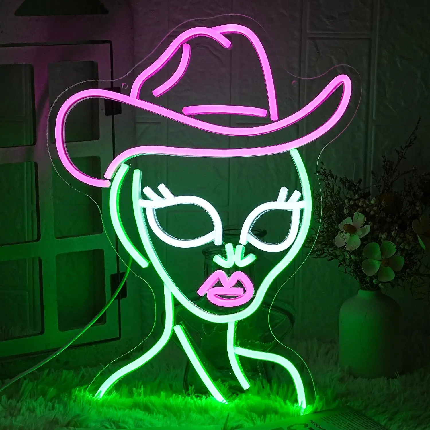 エイリアングリーンのネオンサイン調整可能なカウボーイハットusb電源寝室家庭ウエスタンパーティー用のカウボーイデコレーション