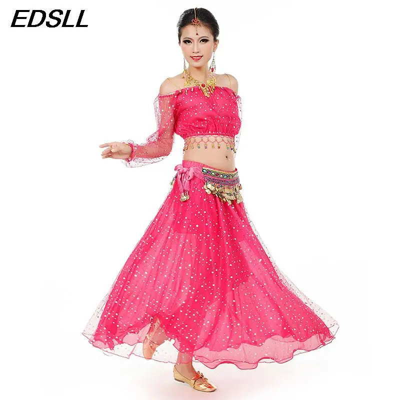 

3PCS Arab Belly Dance Set Oriental Jasmine Halloween Cosplay Costume Indian Belly Dance Top Long Dress Waist Chain Stage Clothes