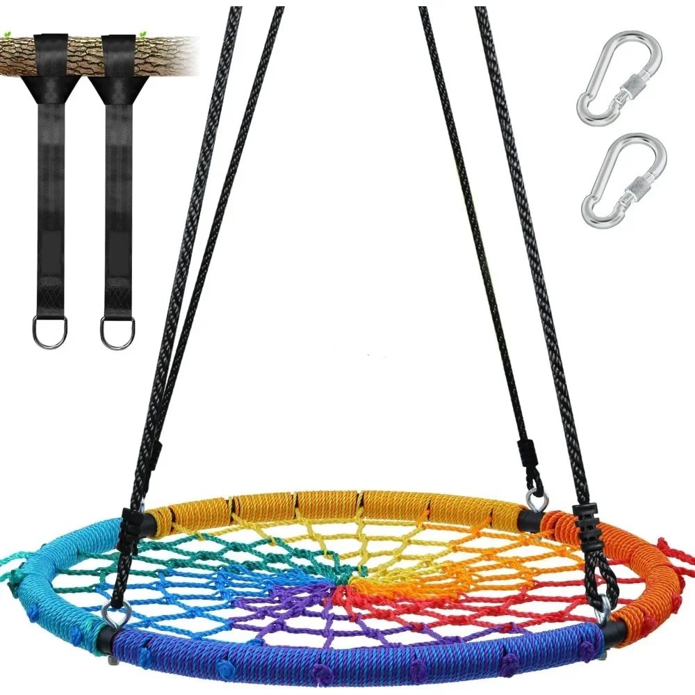 

750 lb Spider Web Saucer Swing 40 inch for Tree Kids with Steel Frame and 2 Hanging Straps-Rainbow