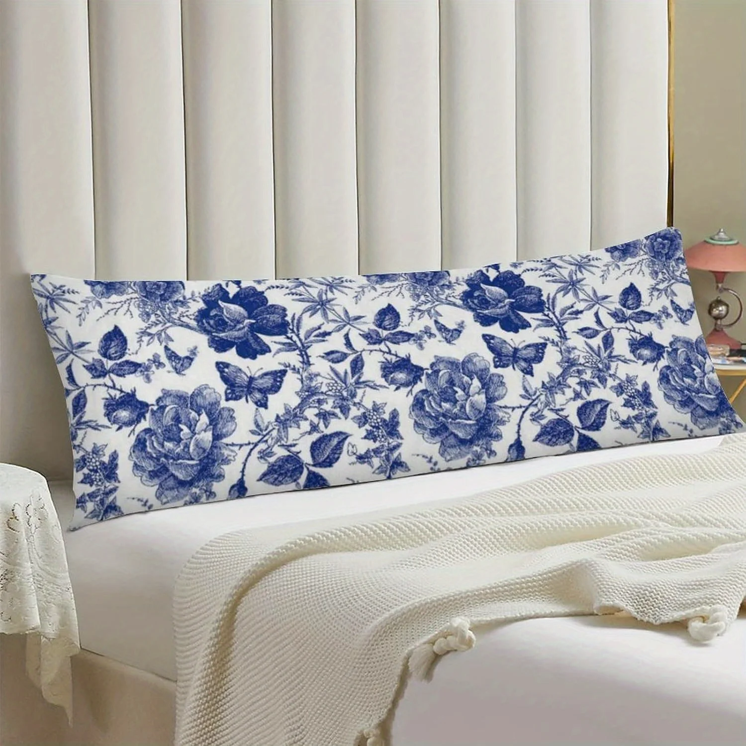 Contemporary Blue And White Porcelain Floral Body Pillow Cover Polyester Decorative Cushion Cover Rectangular Zipper Body Cover