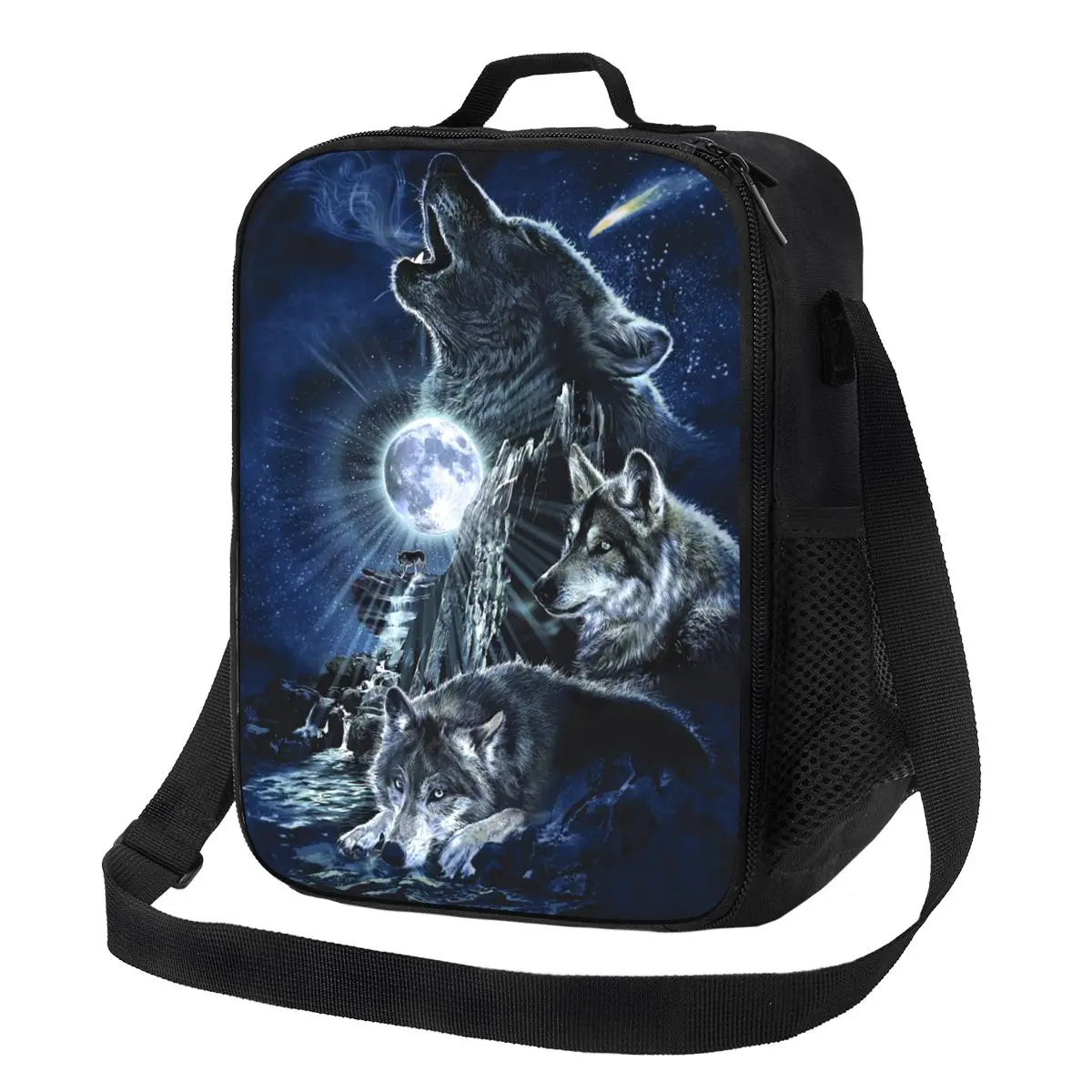 

Custom Wolves Howling At The Moon Insulated Lunch Bags for Outdoor Picnic Animal Resuable Thermal Cooler Bento Box Children