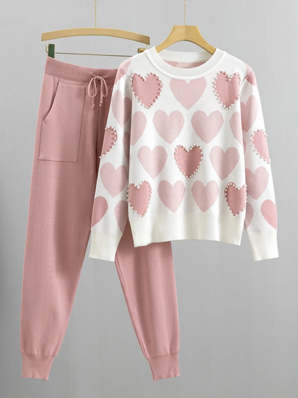 Autumnal  Style Student Set for Girls Heart Shaped Beaded Two Piece Korean College Fashion Outfit Cute Little Girl Ensemble