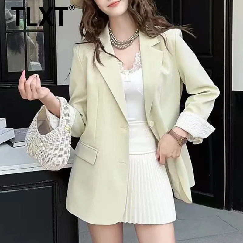 

TLXT Корейская шикарная женская повседневная офисная куртка с разрезом на спине и длинными рукавами, кружевной дизайн с подкладкой, светло-зеленый пиджак, летний XK1294