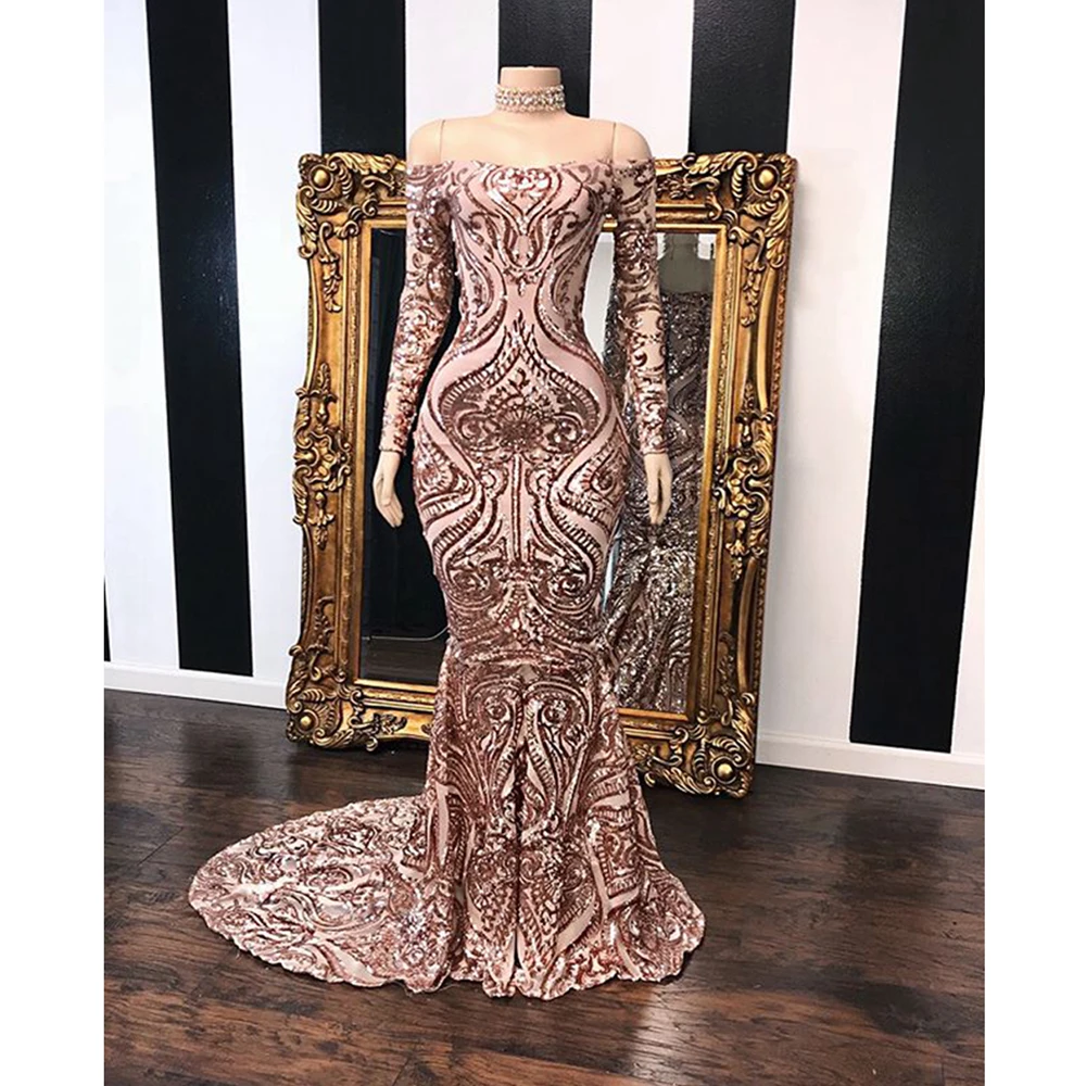 Black Lace Sequined Women Evening Dresses 2023 Latest Vestido Boat Neck Long Sleeves Exquisite Wedding Prom Party Robe De Soiree