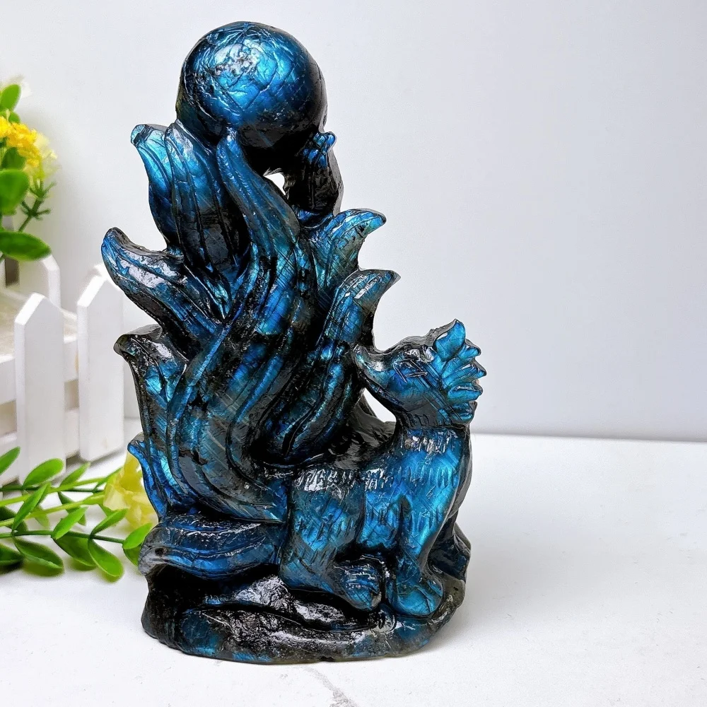 Natural Blue Labradorite Nine Tailed Fox Carving Crystal Fox with Sphere Statue Gemstone Animal Figurine Home Decor