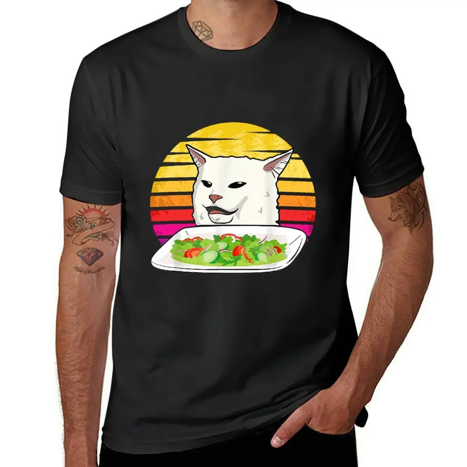 

Angry women yelling at confused cat at dinner table meme T-Shirt street wear oversizeds Men's t-shirts