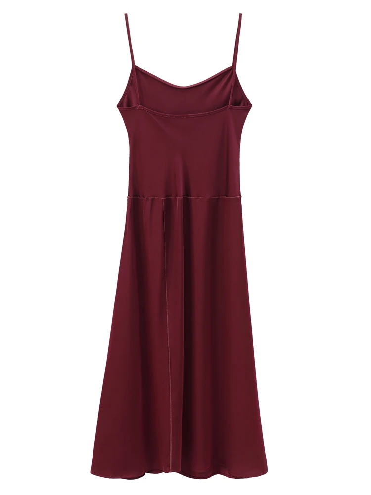 KAOPU ZA Women wine-red droop midi slip dress vintage o-neck thin straps female dresses vestidos mujer